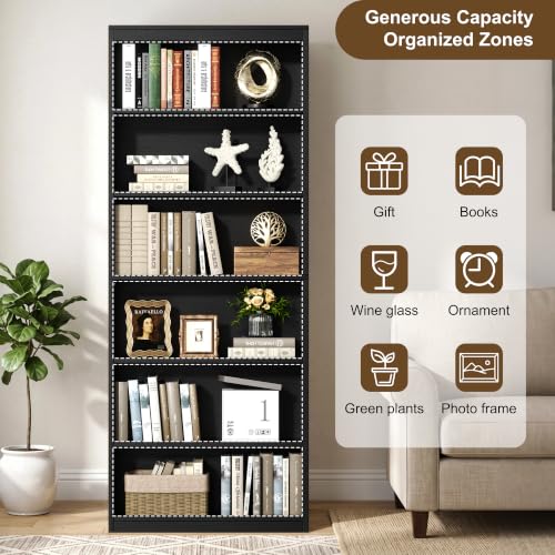 Shintenchi 6-Tier Tall Bookcase in Black, 23.6"W x 9.3"D x 70.9"H, Modern Industrial Shelving