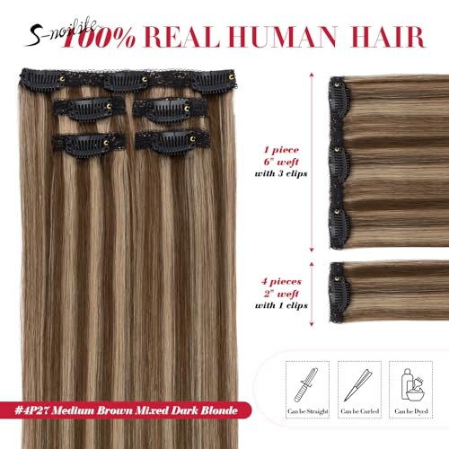 Clip-In Hair Extensions Medium Brown Mixed Dark Blonde 10 Inch - 5 Pieces Remy Human Hair