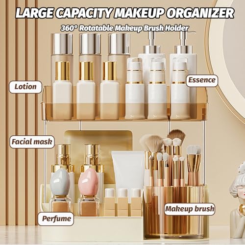 DASITON Cream 2-Tier Large Capacity Rotating Makeup Organizer with Brush Holder