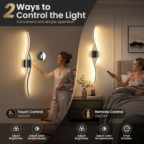 SyncGlow Black 39.4 Inch Battery-Operated Wall Sconces Set of 2 - Cordless, Dimmable, Rechargeable LED Wall Lights