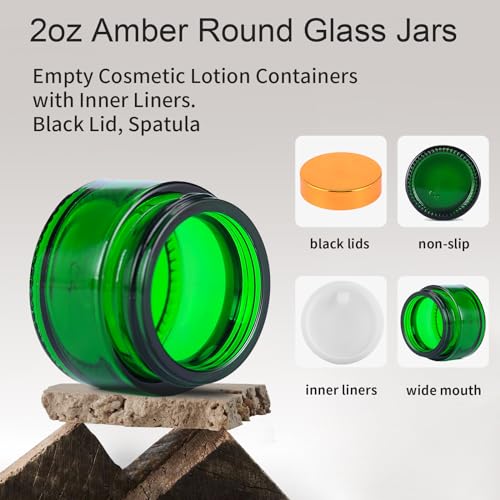 OverNews 2oz Glass Jar Travel Size, 45PCS Empty Cosmetic Lotion Container with Black Lid & Spatula, Small Mini Jar for Beauty (Green)