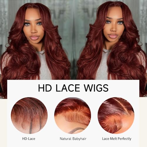 28 Inch Reddish Brown Lace Front Wig Human Hair 200% Density Body Wave HD Lace - Wigs-1