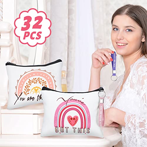 Hillban 32 Pcs Canvas Cosmetic Makeup Bag Women Mother's Day Inspirational Gifts Travel Toiletry Makeup Bag Pouch with Keychains for Women's History Month Mother Teacher Appreciation Gift(Rainbow)