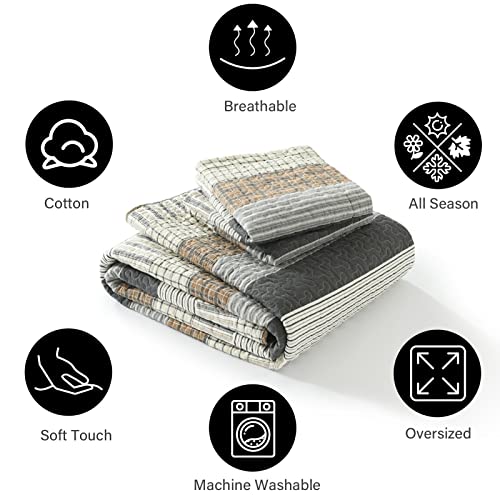 Queen Size Cotton Quilt Set with Reversible Patchwork Bedspread - Farmhouse Lightweight Bedding, 3 Pieces - White, Brown, Grey