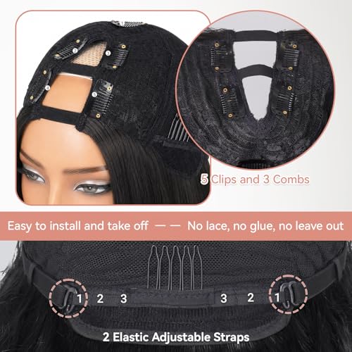 Yaki Straight V Part Wig for Black Women - Synthetic Layered Half Wig, Glueless, Heat Resistant, 14 Inch, Natural Black