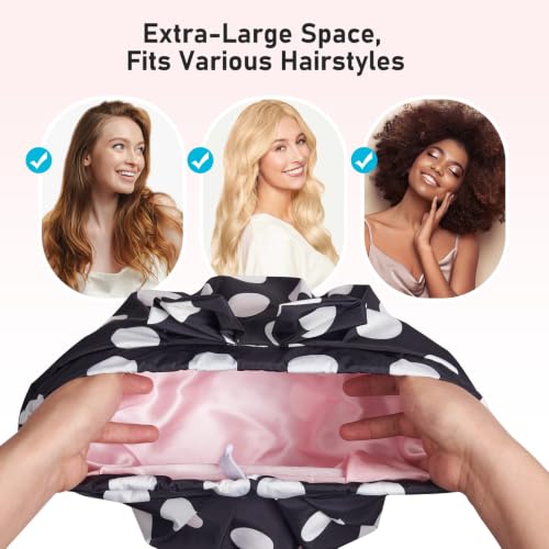LitBear Silk Lined Waterproof Shower Cap for Women - Black Dots
