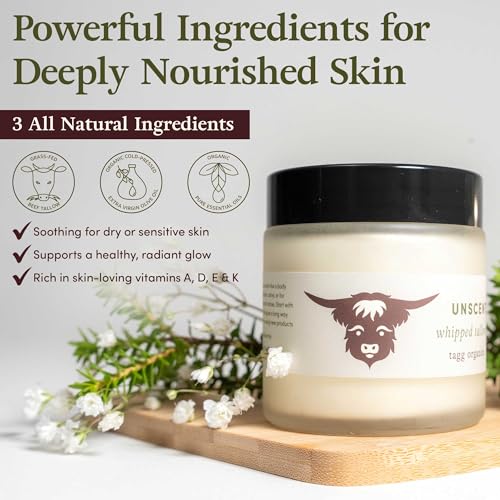 TAGG ORGANICS Unscented Whipped Tallow Skin Cream 4oz - Organic & Chemical-Free Hydrating Balm