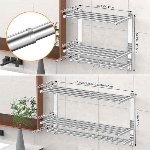 Silver 2-Tier Expandable Bathroom Towel Rack with Shelf and Hooks