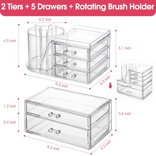 Acrylic Makeup Organizer 2 Tiers & 5 Drawers with Rotating Brush Holder - Clear Vanity Storage, Stackable & Space Saving, Variation: 2 Tiers 5 Drawers