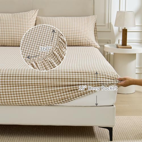 Pure Era Brown Gingham King Sheets Set - 100% Washed Cotton Linen-Like