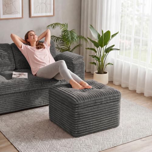 Dark Gray 23.6in Corduroy Ottoman Footstool with Dual-Layer Support