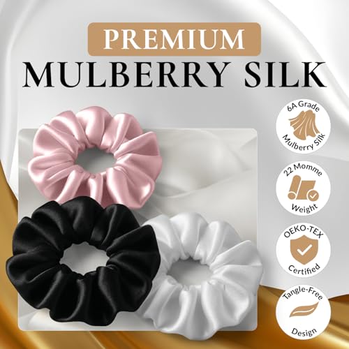 Black Standard Small Silk Scrunchies - 100% Mulberry Silk Hair Ties Set of 3