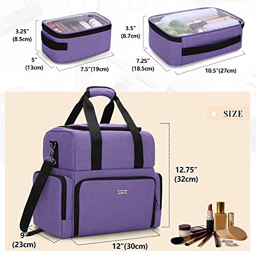 BAFASO 2 Layers Large Travel Makeup Bag with 3 Inner Removable Pouches, Cosmetic Bag with Detachable Dividers (Patented), Purple