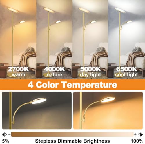 Brushed Gold Floor Lamp with Articulated Reading Light - 44W/4500LM Stepless Dimmable Standing Lamp for Living Room & Office