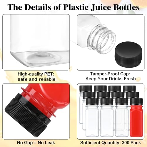 300 Pack 2oz Clear Plastic Juice Bottles with Lids - Reusable & Leakproof