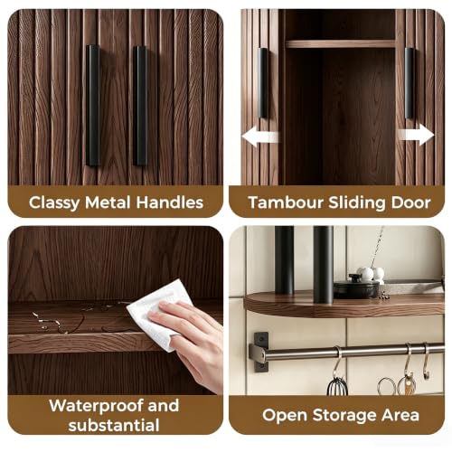 Walnut Fluted Bathroom Wall Cabinet with Tambour Sliding Door - 9.8"D x 23.6"W x 26.3"H - Modern Space Saver