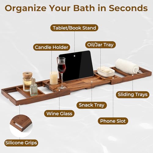 Venusmiles Foldable Teak Bathtub Caddy with Expandable Handles, Wine Glass & Phone Holders - Light Walnut
