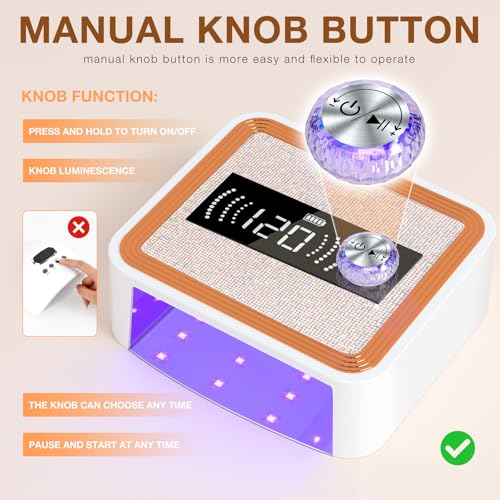 268W Cordless UV Nail Lamp, Rechargeable UV Light for Gel Nails with Unique Knob, Sparkling Rhinestones Diamond & LCD Display Screen, Professional Nail Dryer for Nail Salon & Home (White)