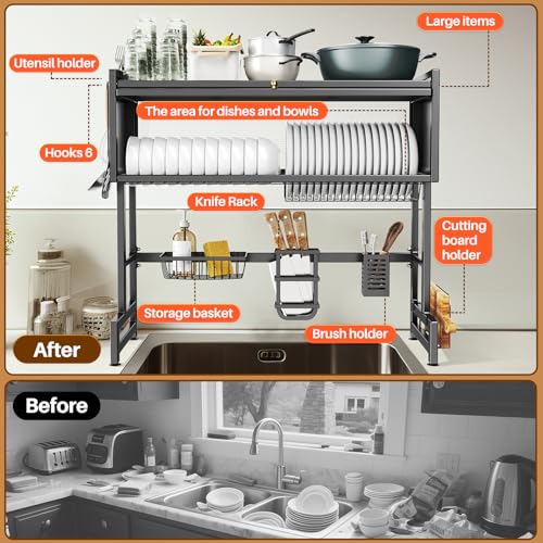 CUISIBOT 37.4in Over-Sink Dish Drying Rack with Lid, 3-Tier Stainless Steel Black