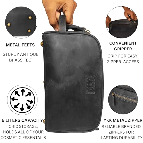 Rasavi Leather Travel Toiletry Bag - Black, Water-Resistant Dopp Kit for Men & Women