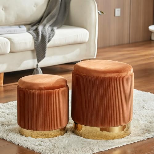 Orange Velvet Round Ottoman with Storage - Set of 2, 14.75 Inches Variation
