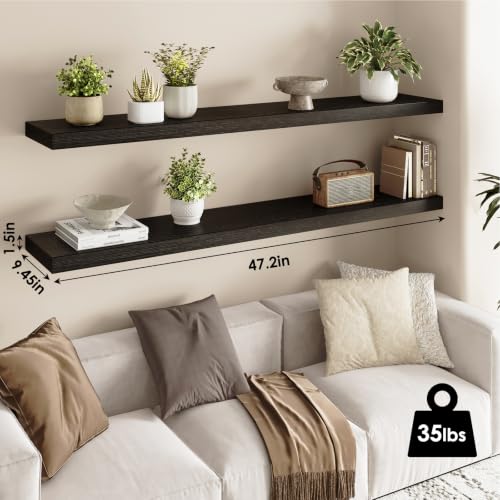 Fixwal Floating Wall Shelves Set of 2 - Black, 47.2 Inch Modern Decorative Shelves