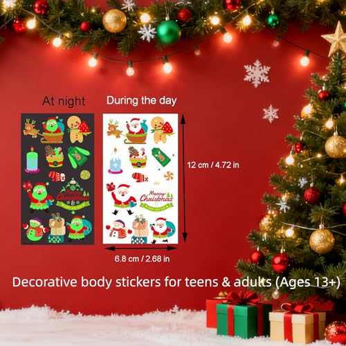 Luminous Christmas Temporary Tattoos 10 Sheets, 120 Pcs Glow in the Dark Xmas Body Stickers, Waterproof Holiday Decorative Tattoos, Party Decoration Accessories