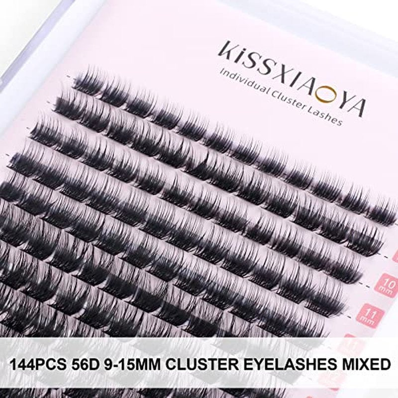 KISSXIAOYA Cluster Eyelash Extensions Kit, DIY Lashes Extension Kit with Lash Bond & Seal and Applicator, 144 Pcs 0.10mm 56D 9-15mm Mixed Wide-stem Lash, Individual at Home