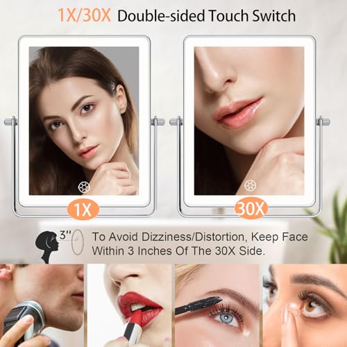 FASCINATE 5000mAh Rechargeable Wall Mounted Makeup Mirror, 8.7" Double Sided Touch Switch 1X/30X Rectangle Wall Mounted Magnifying Mirror with Light, 3 Color Setting, Extended Arm 360¡Æ Swivel Foldable