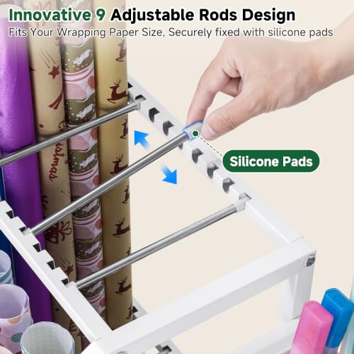 Aquzee White Large Wrapping Paper Storage Cart with Drawer & Ribbons