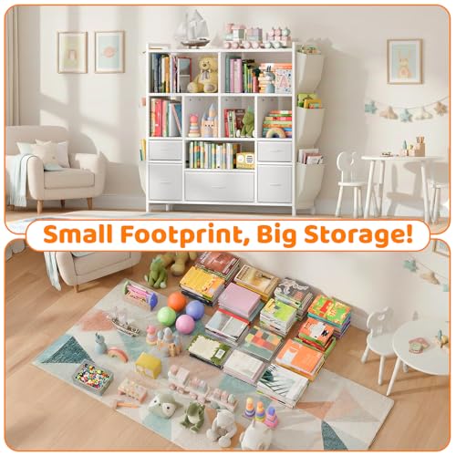 Kids Toy Storage Organizer with Drawers and Side Pockets - White