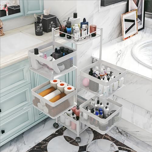 White 5-Tier Rotating Kitchen & Bathroom Storage Cart - No Assembly