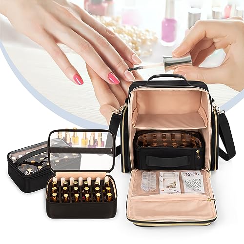 OCHEAL Nail Polish Organizer, Holds Nail Lamp and 75+ Bottles, Nail Polish Holder Case with 3 Individual Pouches Fit Manicure Tools Storage for Manicurist Travel Carrying Bag -Black