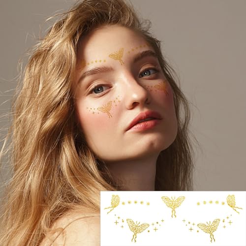 Glitter Butterfly Rose Face Tattoos Temporary for Women and Girls 10 Sheets, Gold Metallic Face Eye Makeup Stickers for Fairy, Princess, Halloween Costume, Christmas, NYE Festival Party Favors