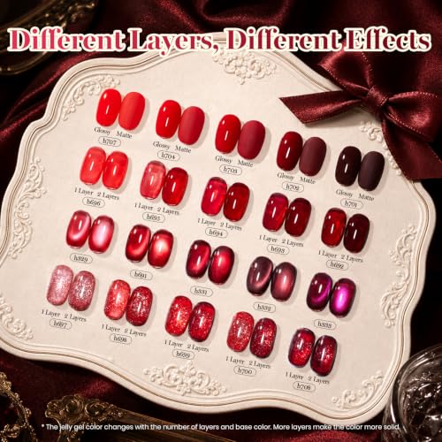 Beetles Red Gel Nail Polish Set - Jelly Glitter & Cat Eye Finish, Burgundy Dream Variation