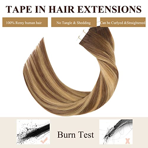 Hair Extensions Tape in Human Hair 14 Inch Chocolate Brown & Caramel Blonde - 20pcs