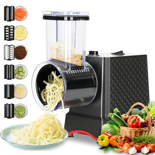 Electric Cheese Grater with 6 Interchangeable Blades for Vegetables & Cheese