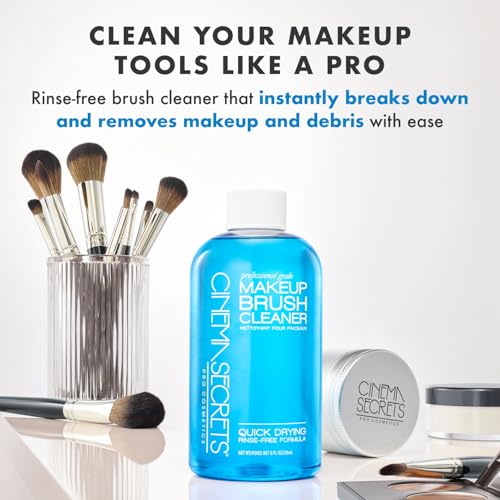 Cinema Secrets Original Blue Vanilla Makeup Brush Cleaner Solution & Spray Combo - Professional Cleanser for Makeup Brushes - Quick-Drying & Rinse-Free - Removes Built-Up Make Up (16 fl oz & 2 fl oz)