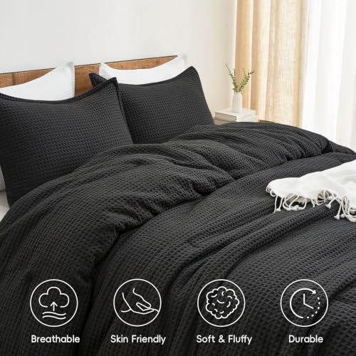 Queen Waffle Comforter Set - Ultra-Soft Microfiber, Black, 3 Pieces