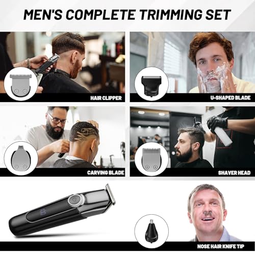 Men's Cordless Waterproof Hair Clipper & Trimmer Set with Nose Ear Groomer