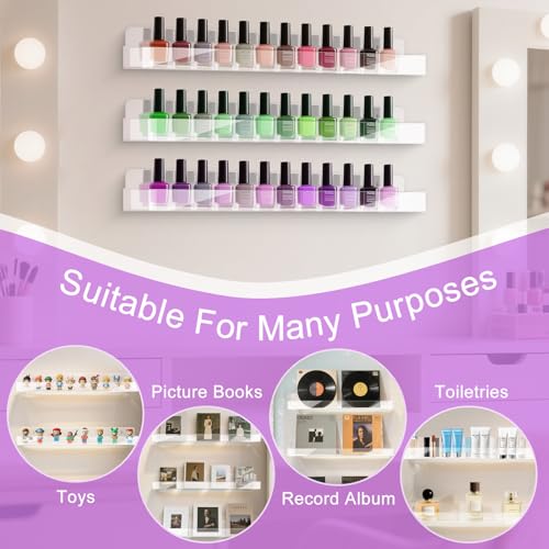 Clear Wall Mounted Acrylic Nail Polish Organizer Rack - 12 Pack, 15 Inch Multi-Purpose Shelf with Removable Ends
