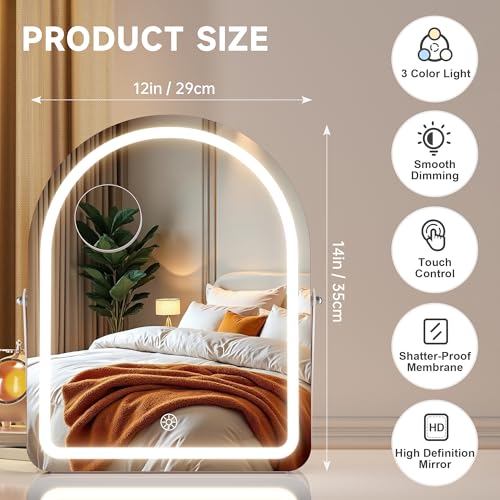 MINISO Vanity Mirror with Lights-12" x 14" Arched Makeup Mirror with 3 Color Lights, Adjustable Brightness,10X Magnification