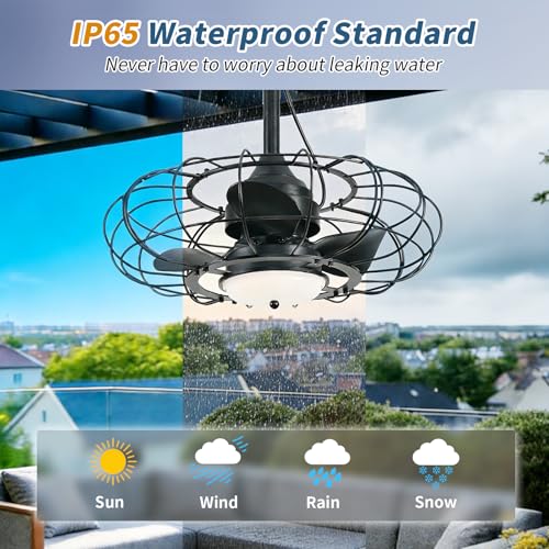 Outdoor Ceiling Fan with Light and Remote - 20-inch Waterproof Gazebo Fan, Dimmable 3-Color, 6 Speed, Black