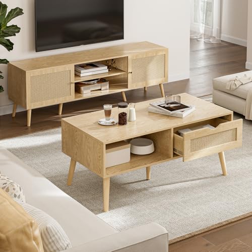 Oak Rattan Coffee Table with Drawer - Boho Natural Finish, Rustic Style