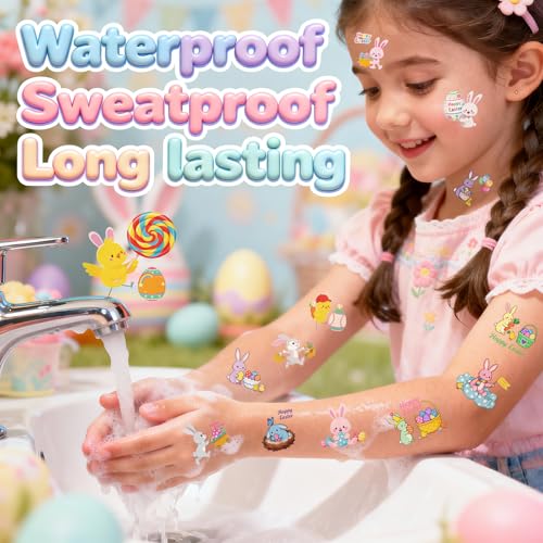 Easter Tattoos - 150 PCS Temporary Tattoo Stickers with Bunny & Easter Egg Designs, Spring Party Favors & Basket Stuffers for Holiday Celebrations
