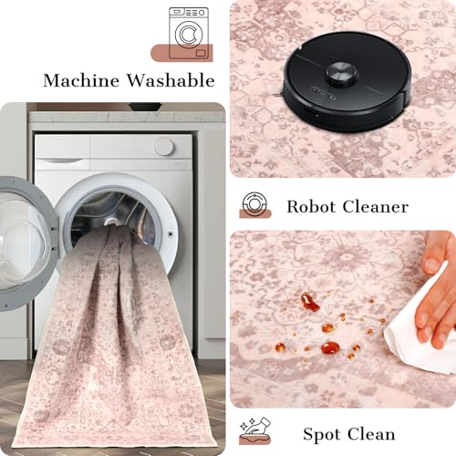 nesrt Pink 8x10ft Boho Area Rug - Washable Non-Slip Indoor Carpet for Living Room & Bedroom