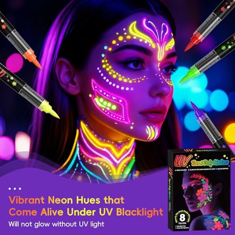 16-color luminous body painting, UV neon face painting pen, luminous face painting kit, washable skin tattoo pen, Halloween party makeup (16 colors)