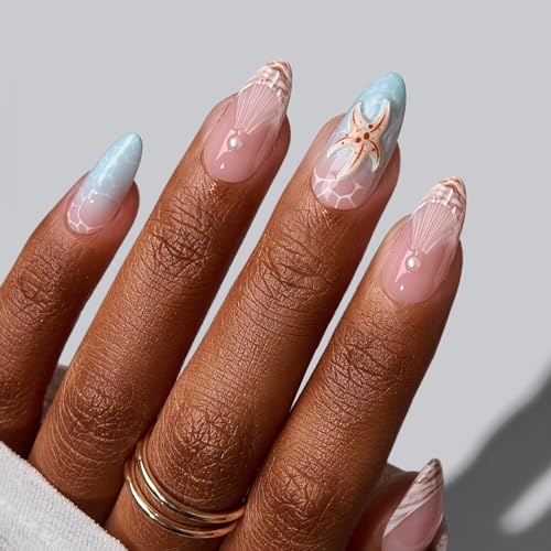 BTArtbox Press On Nails - Medium Almond Blue Star Fake Nails - Tide Play Variation 30Pcs