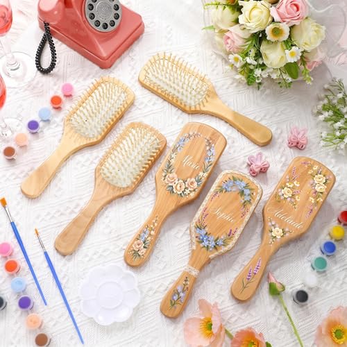 DIY Wooden Hairbrush Painting Kit Set - 6 Square Natural Combs & Paints