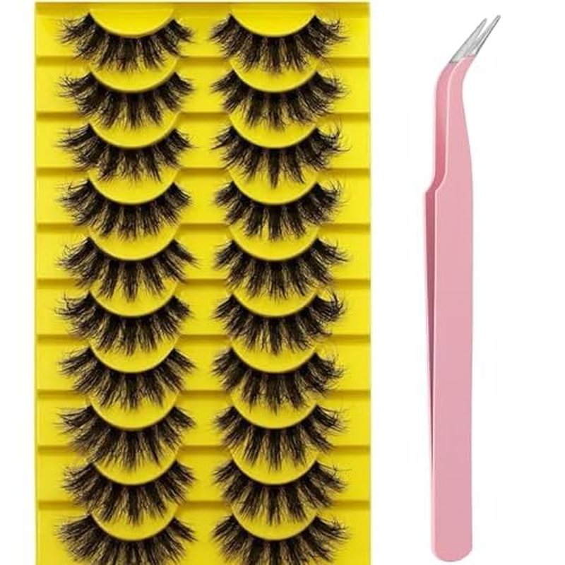 10 Pairs Black False Eyelashes, Reusable Natural to Voluminous Look for Daily & Party Makeup, Includes Pink Eyelash Curler